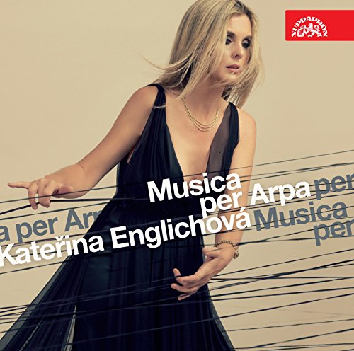 "CD cover featuring a blonde woman in a black dress holding harp strings."