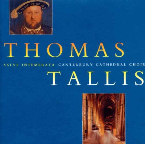 CD cover for Thomas Tallis choral music, portrait and cathedral image.