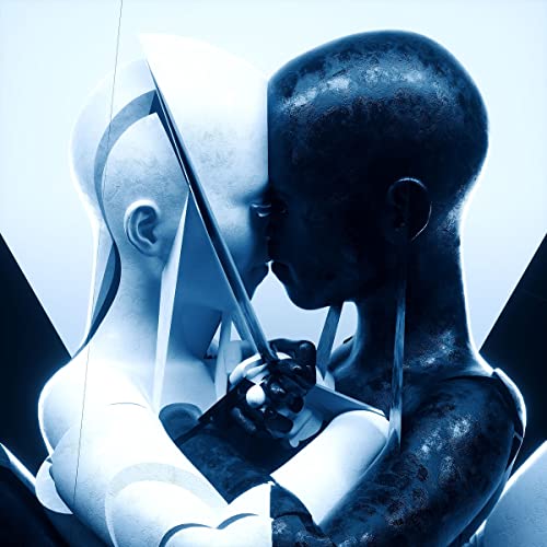 Two robotic figures with blue skin intimately face each other.
