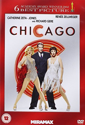 DVD cover for "Chicago" featuring three main actors in dance costumes against a red and white background.