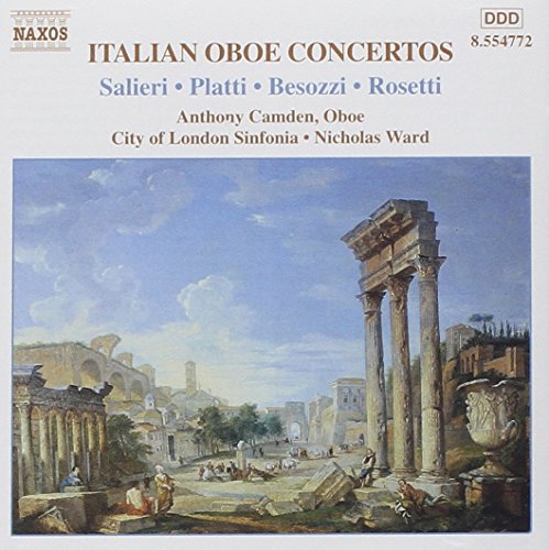 "CD cover with classical painting of ancient ruins and blue sky, titled 'Italian Oboe Concertos'."