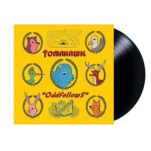 Yellow vinyl record cover with animal illustrations and black disc edge.