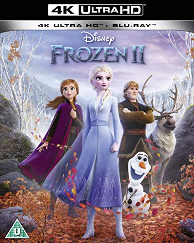 "Blu-ray cover featuring characters from Frozen 2 in an autumnal forest scene."