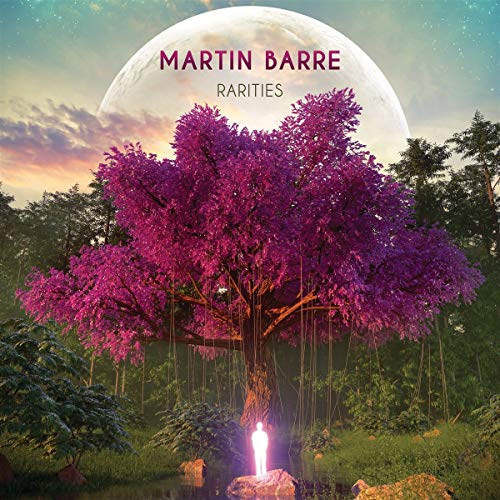 "Album cover with a purple tree, glowing figure, and full moon in the background."