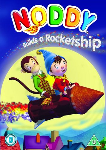 Noddy and a monkey riding a rocket ship in front of a full moon.