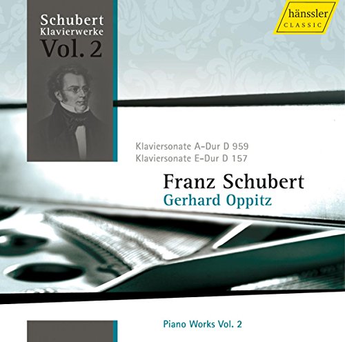 CD cover featuring a piano and portrait of Franz Schubert with text overlays.