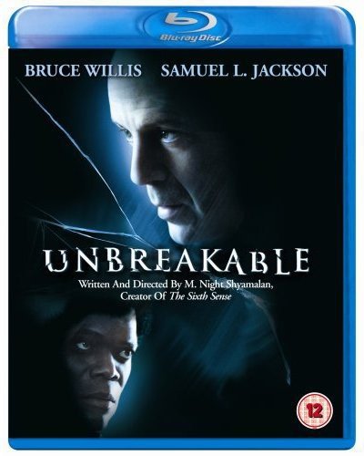 "Blu-ray case for 'Unbreakable' with Bruce Willis and Samuel L. Jackson on cover."