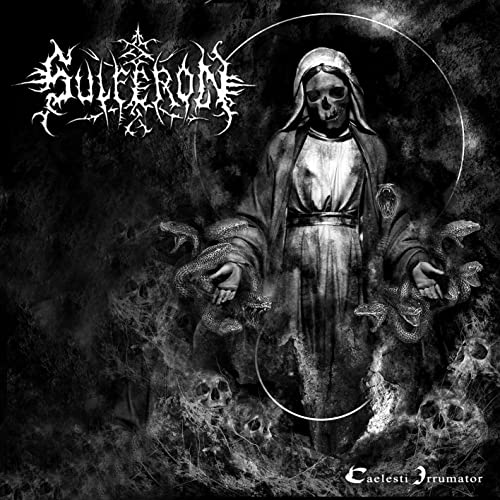 Dark album cover featuring a skeletal figure in religious garb with snakes.