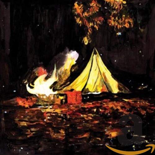 Painted image of a burning tent with flames and dark, textured background.
