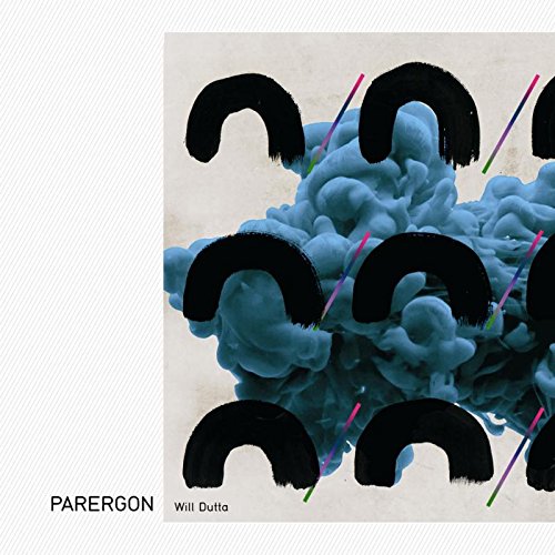 "Album cover with abstract blue clouds, black arches, and colorful lines on beige background."