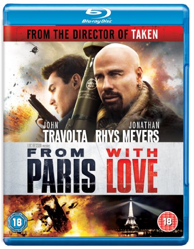 Blu-ray cover for "From Paris With Love" featuring Travolta and Rhys Meyers.