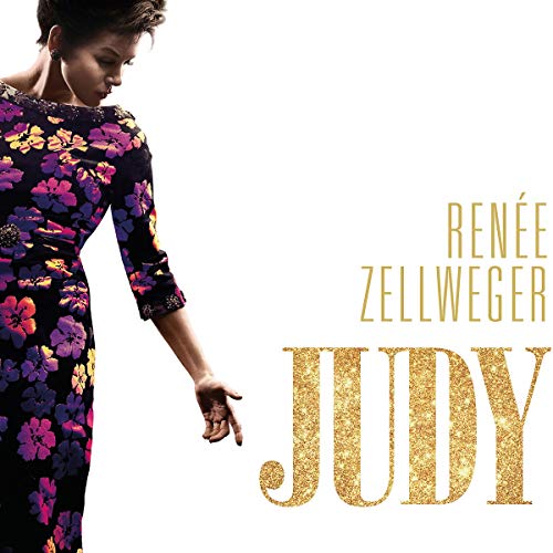 "Renée Zellweger on 'Judy' vinyl cover, wearing a floral dress, with gold text."