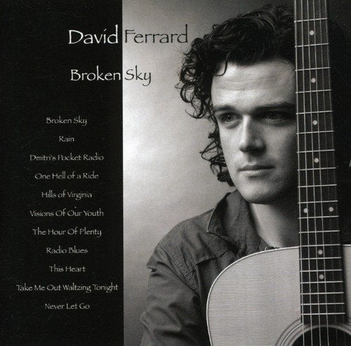 Black and white CD cover featuring a man with a guitar and track list.