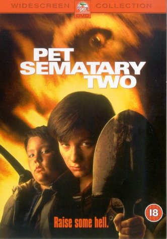 Pet Sematary Two DVD cover with a boy, a man, and a cat.