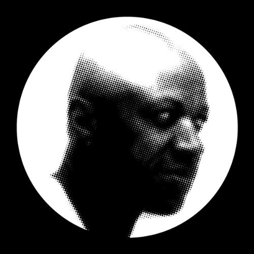 Black and white halftone portrait of Laraaji's head in profile against a circular background.