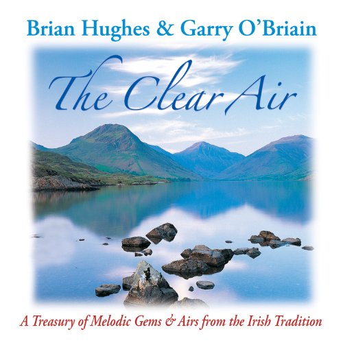 "Album cover with serene lake and mountains, titled 'The Clear Air'".