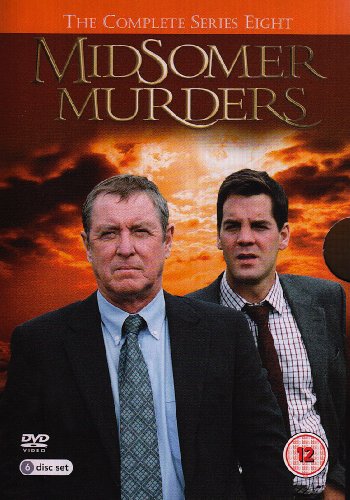 "Midsomer Murders DVD cover featuring two men in suits against an orange sky."