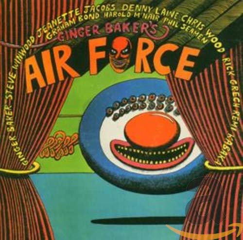 Ginger Baker’s Airforce CD cover with cartoon face and red curtains.