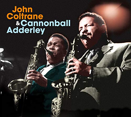 "CD cover featuring John Coltrane and Cannonball Adderley playing saxophones on stage."