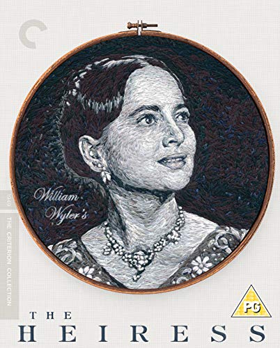 Blu-ray cover for "The Heiress" featuring a woman’s embroidered portrait.