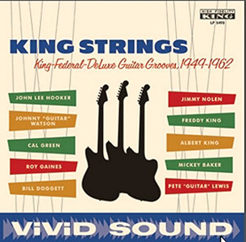 "Album cover with 'KING STRINGS' title, guitar silhouettes, and artist names on colored labels."