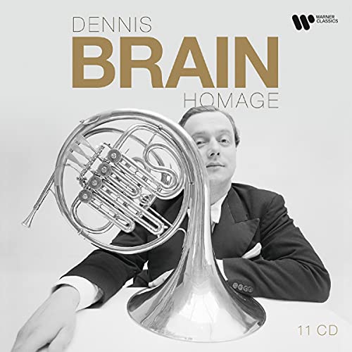 CD cover featuring Dennis Brain with a French horn, in black and white.