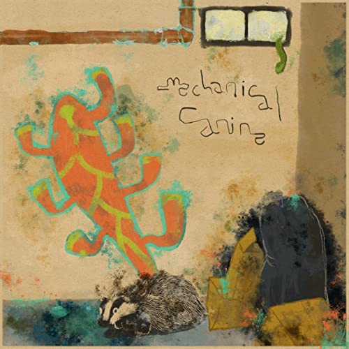 Painted wall with animal shapes, a badger, and handwritten text.