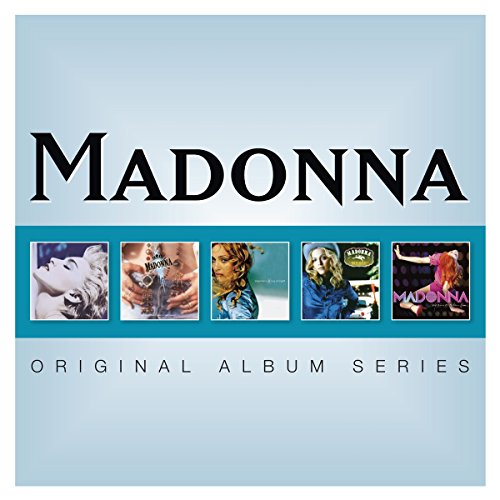 "Madonna album cover with five small album art images on blue background."