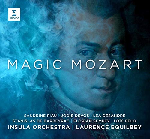 "Blue-tinted CD cover with Mozart's face and 'Magic Mozart' text, featuring artist names."