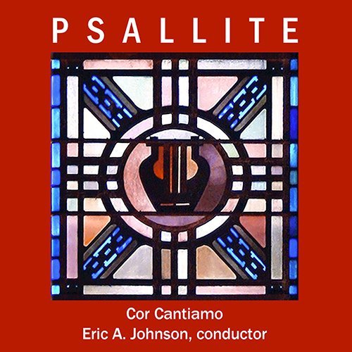Red album cover with stained glass design and white text "PSALLITE" at the top.