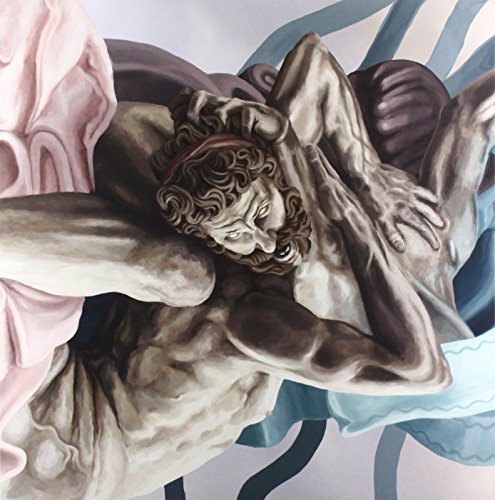 Close-up of a painting depicting a muscular man with a distressed expression.