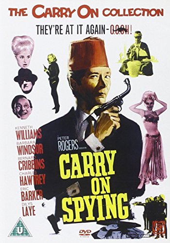 DVD cover for "Carry On Spying" featuring a man in a fez holding a gun.