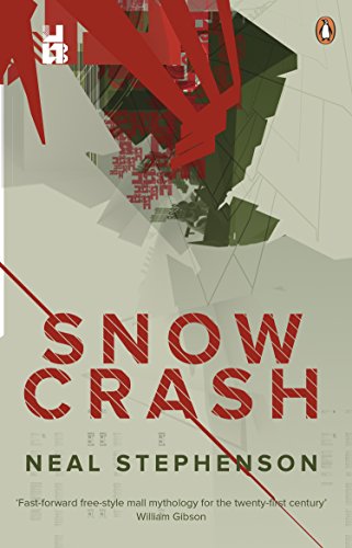 The image is a book cover. Alt text: Book cover of "Snow Crash" by Neal Stephenson with abstract red and green design.
