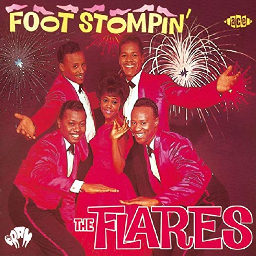 The Flares, a vocal group in red suits, with starburst graphics.