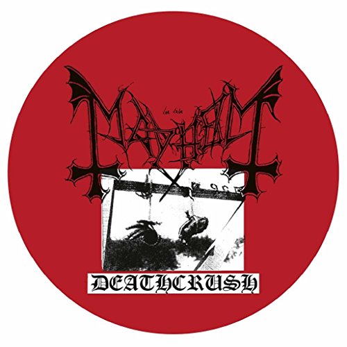 Red vinyl record with black gothic text and a disturbing black-and-white image.