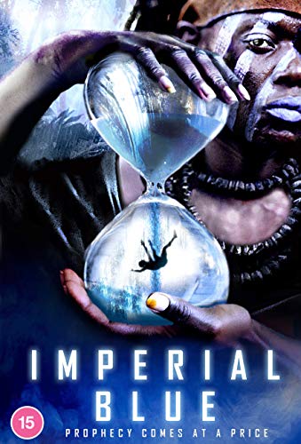 "Man holding hourglass with a figure falling inside, 'Imperial Blue' DVD cover."