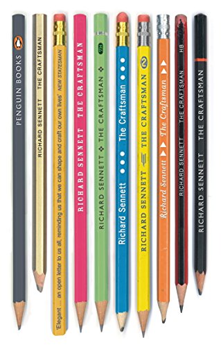 "Eight coloured pencils with 'The Craftsman' book title and author name printed on them."
