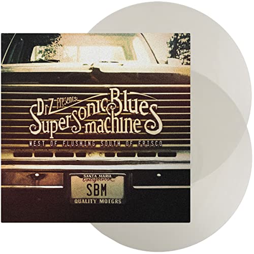 Supersonic Blues Machine vinyl record with car image and white disc.
