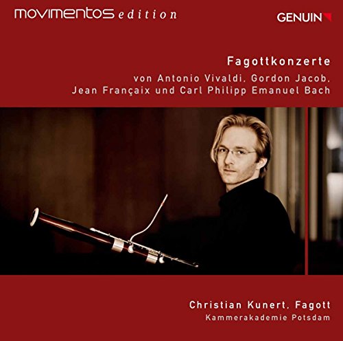 Red CD cover with a man holding a bassoon, white text on top and bottom.