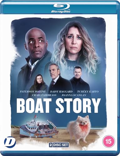 Boat Story" Blu-ray cover featuring four actors and a small boat with a dog.