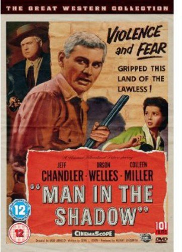 DVD cover for "Man In The Shadow" featuring three actors in western attire.