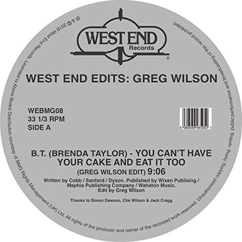Grey vinyl record label with black text and a barcode.