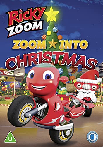 Ricky Zoom and Santa on motorcycles with a decorated Christmas tree.