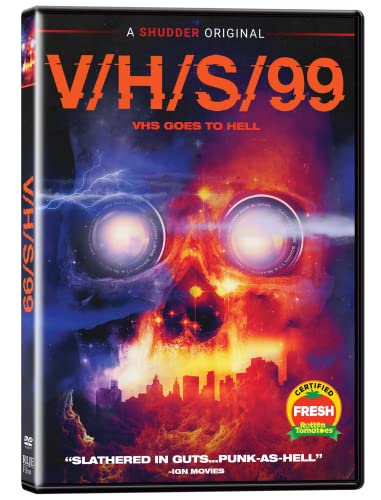 V/H/S/99" DVD cover featuring a demonic skull and vibrant, chaotic imagery.