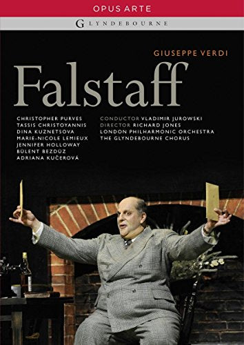 DVD cover for Verdi's "Falstaff" featuring a man in a grey suit holding papers.