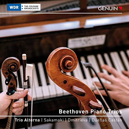 CD cover: violin scrolls, piano keys, hands, and text “Beethoven Piano Trios”.