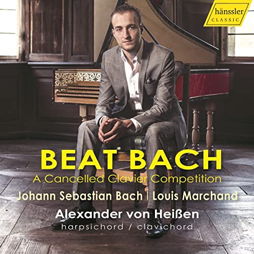 CD cover featuring pianist Alexander von Heissen seated with a harpsichord.