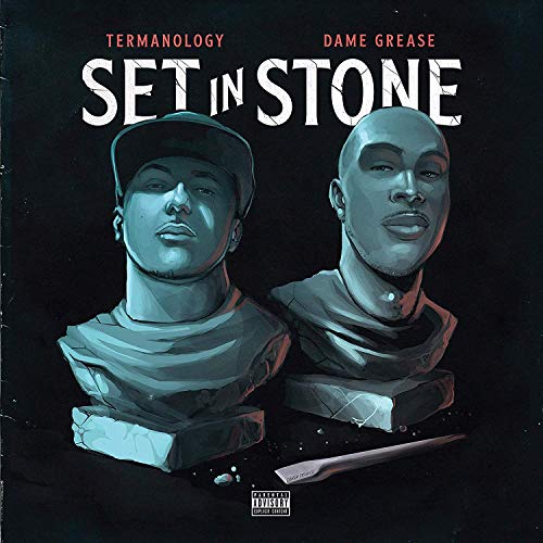 Album cover for Termanology & Dame Grease’s “Set In Stone,” featuring two sculpted heads.