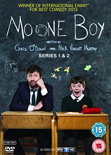 "Moone Boy" DVD cover featuring a man and boy at school desks, against a chalkboard.