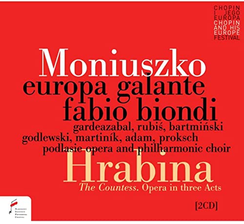 CD cover for Moniuszko’s “Hrabina” opera, red background with white text.